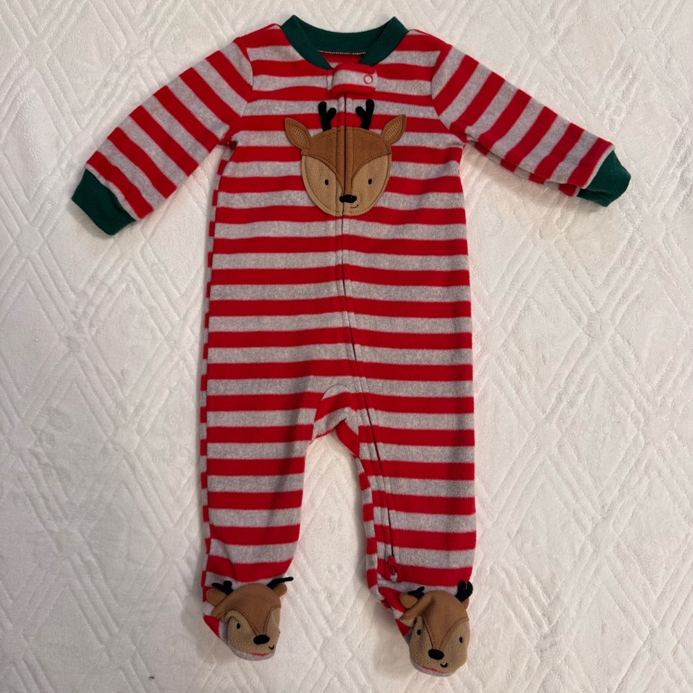3 for $15 Striped Red and White Reindeer Baby Fleece Sleeper 6M